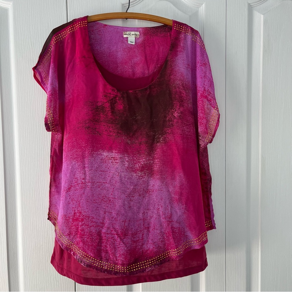 WORLD UNITY Women’s Hot pink Tie Dye Blouse Embellished and lined Size L